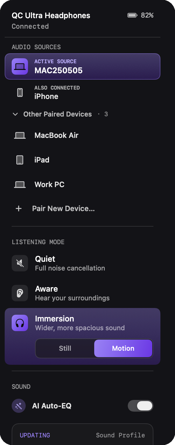 ANCBuddy Audio Sources panel showing the active Bose QC Ultra source, another connected source, and remembered devices on Mac